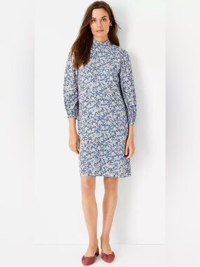 ANN TAYLOR Floral Mock Neck Shift Dress Blue Cream White Sz 10